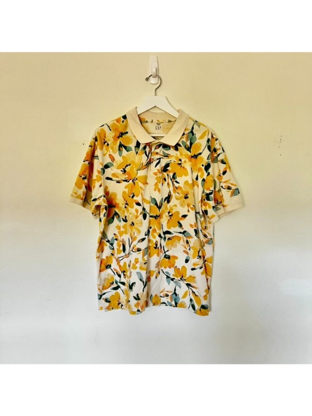 Gap Yellow Floral All Over Polo Shirt Mens Large Short Sleeve Tropical Vacation - Picture 11 of 12